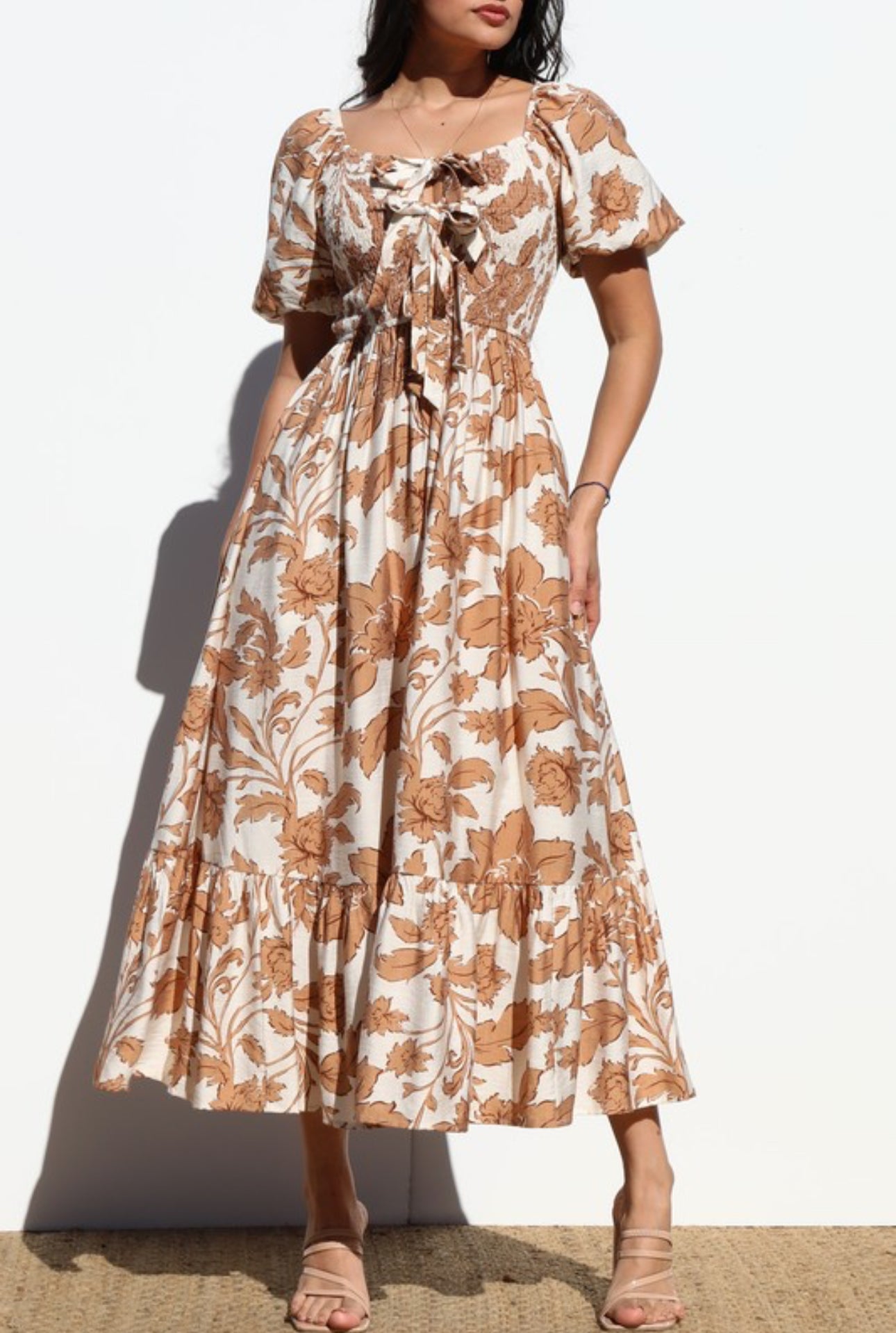 Midi Dress in Linen Fabric Flowers - Mocha Color