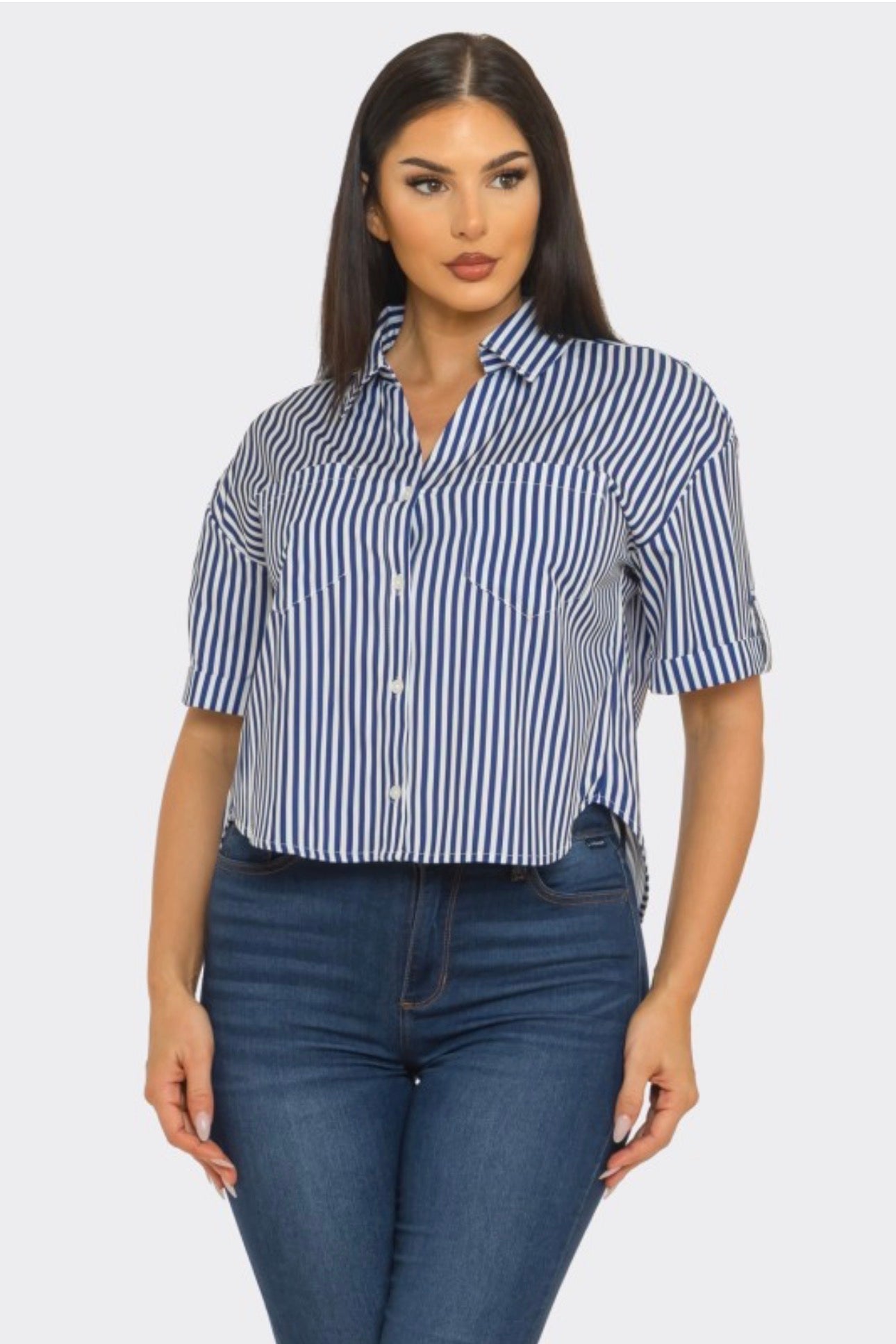 Stripe Front Button Down Pockets Sleeve Tab Shirt Top