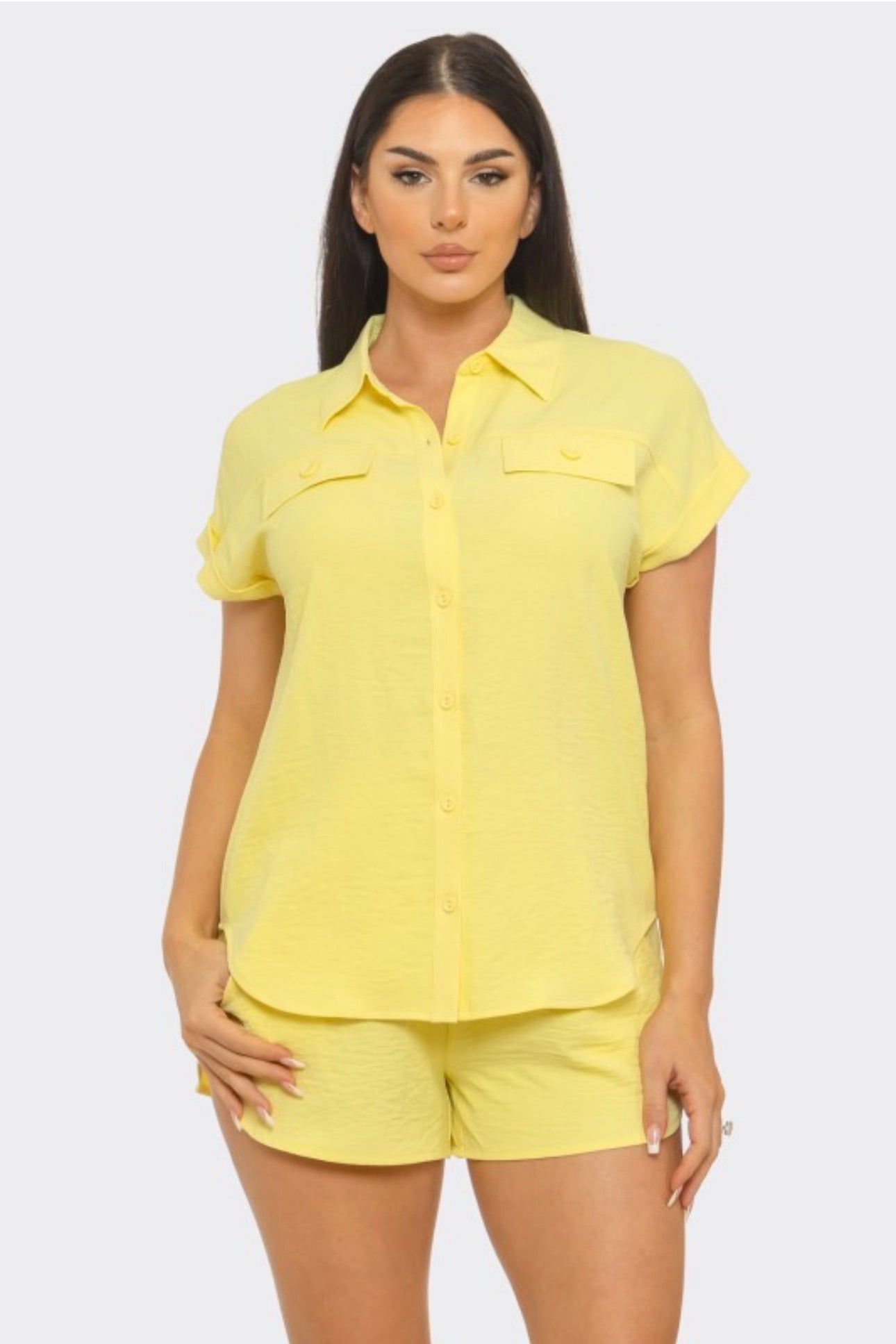 Front Button Down Flap Pockets Top & Shorts Set