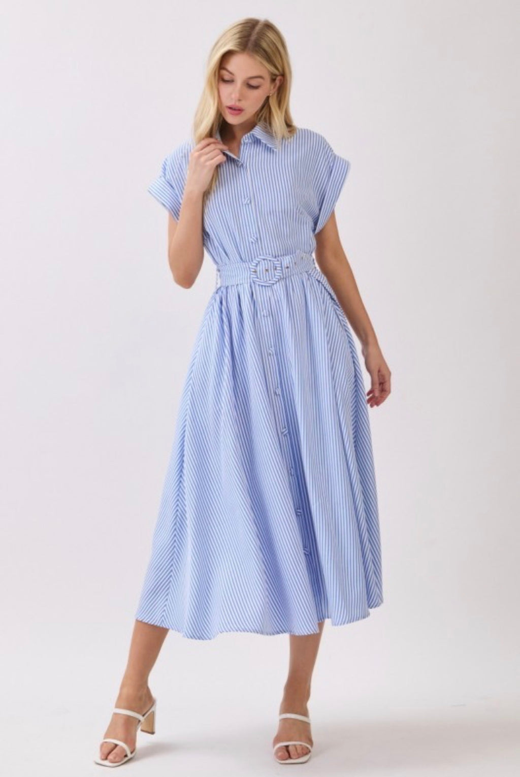 Striped Belted Button Front Collared Midi Dress