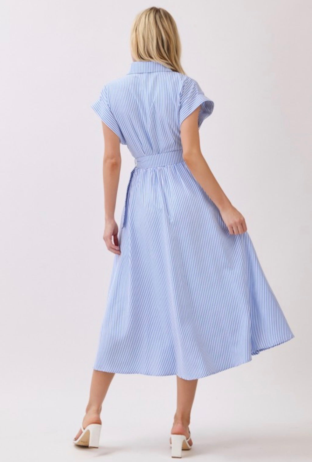Striped Belted Button Front Collared Midi Dress
