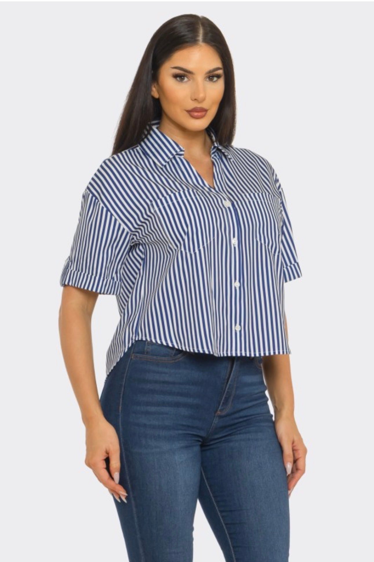 Stripe Front Button Down Pockets Sleeve Tab Shirt Top