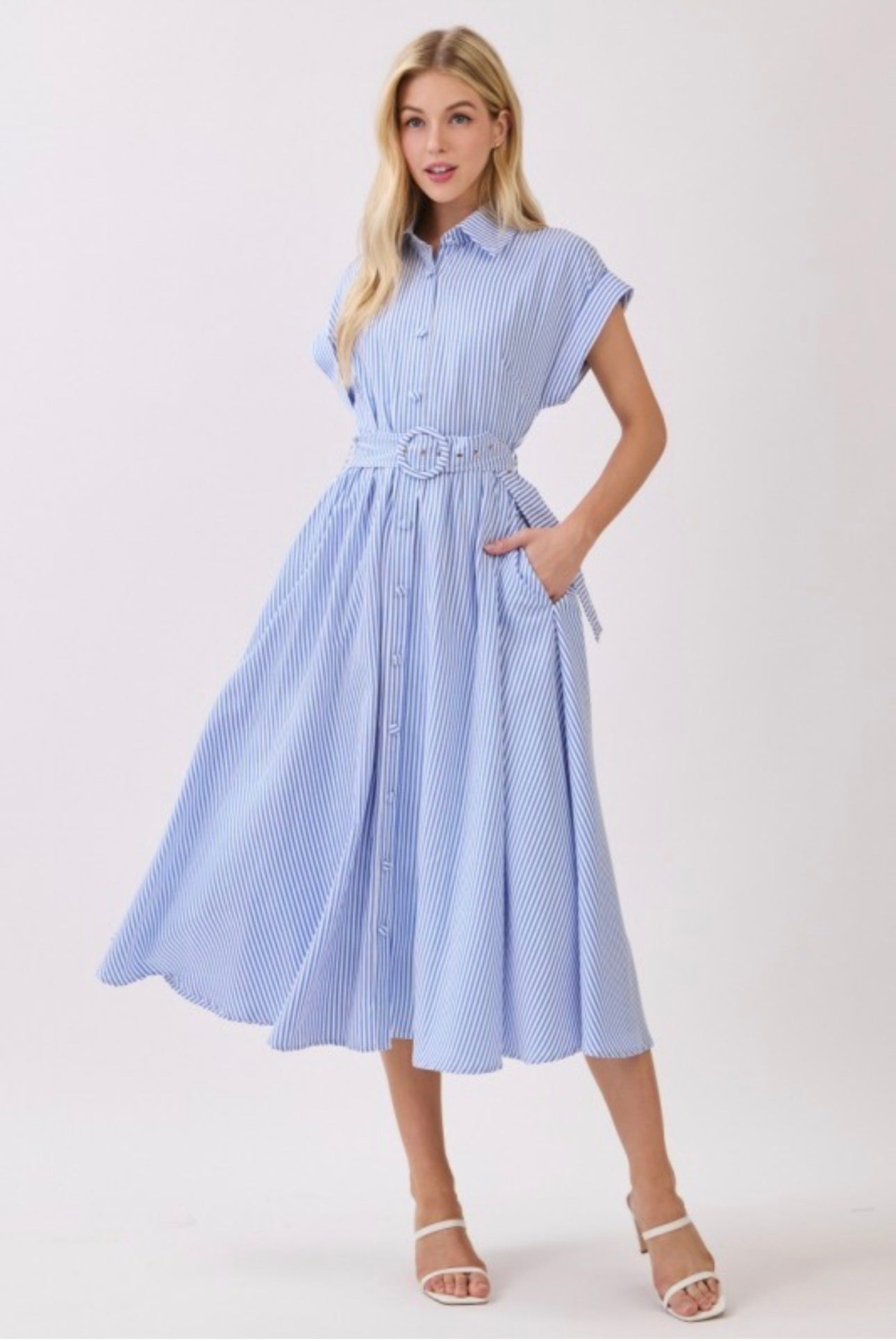 Striped Belted Button Front Collared Midi Dress