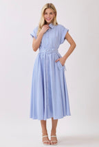 Striped Belted Button Front Collared Midi Dress