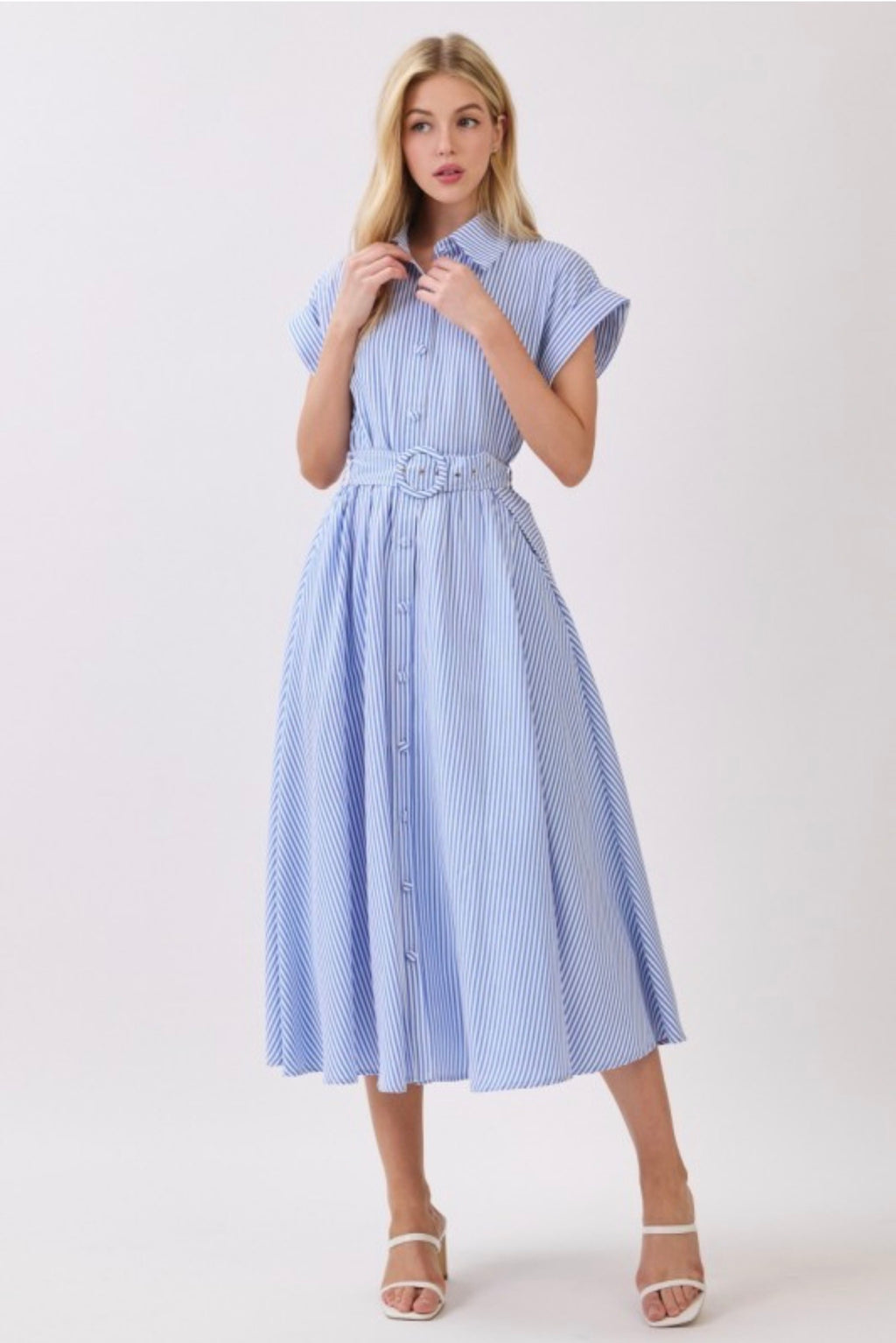 Striped Belted Button Front Collared Midi Dress