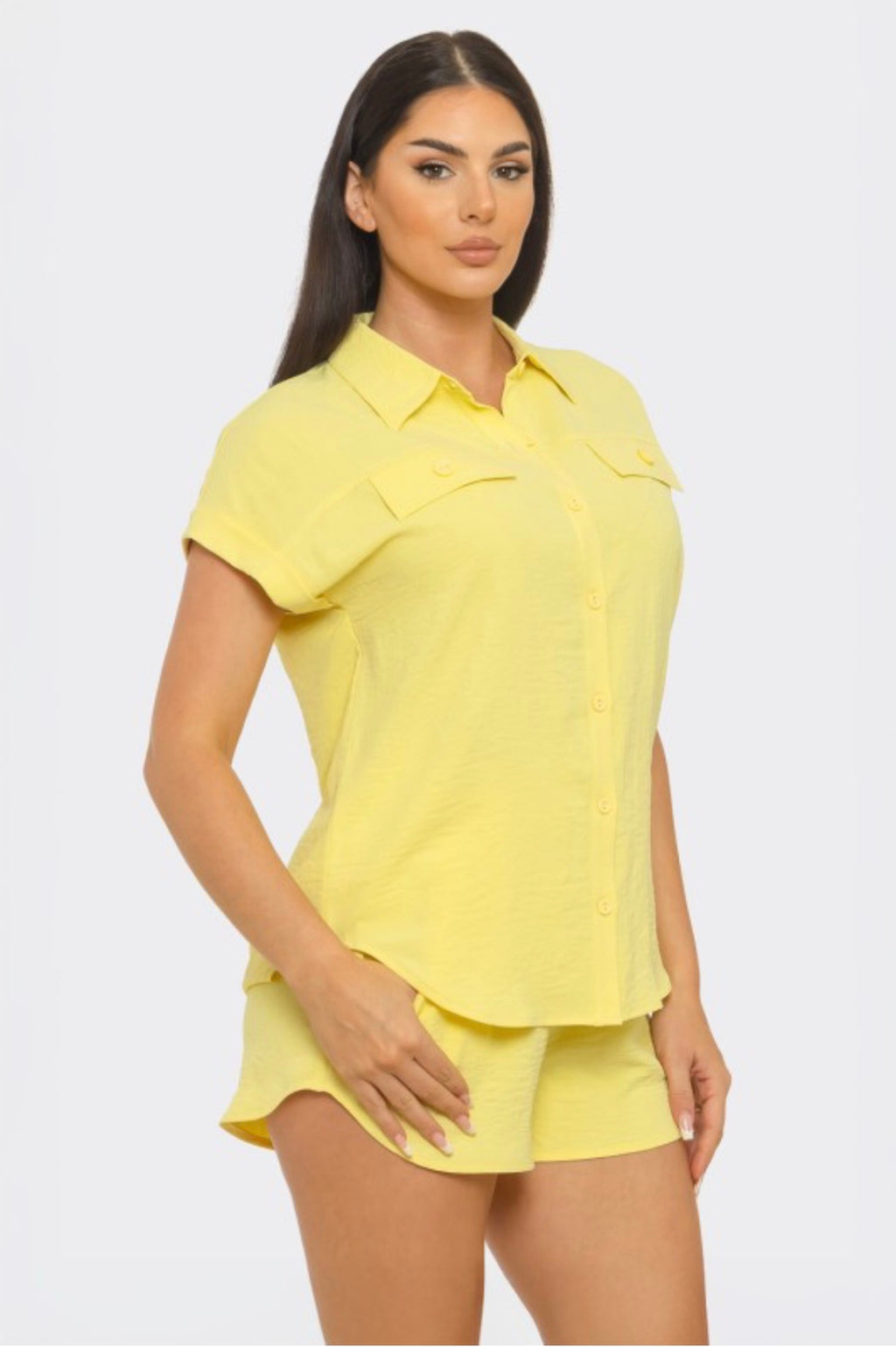 Front Button Down Flap Pockets Top & Shorts Set