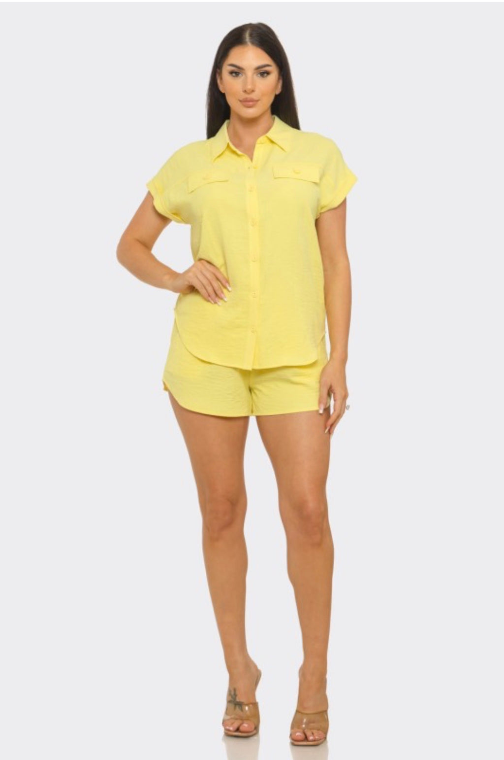 Front Button Down Flap Pockets Top & Shorts Set