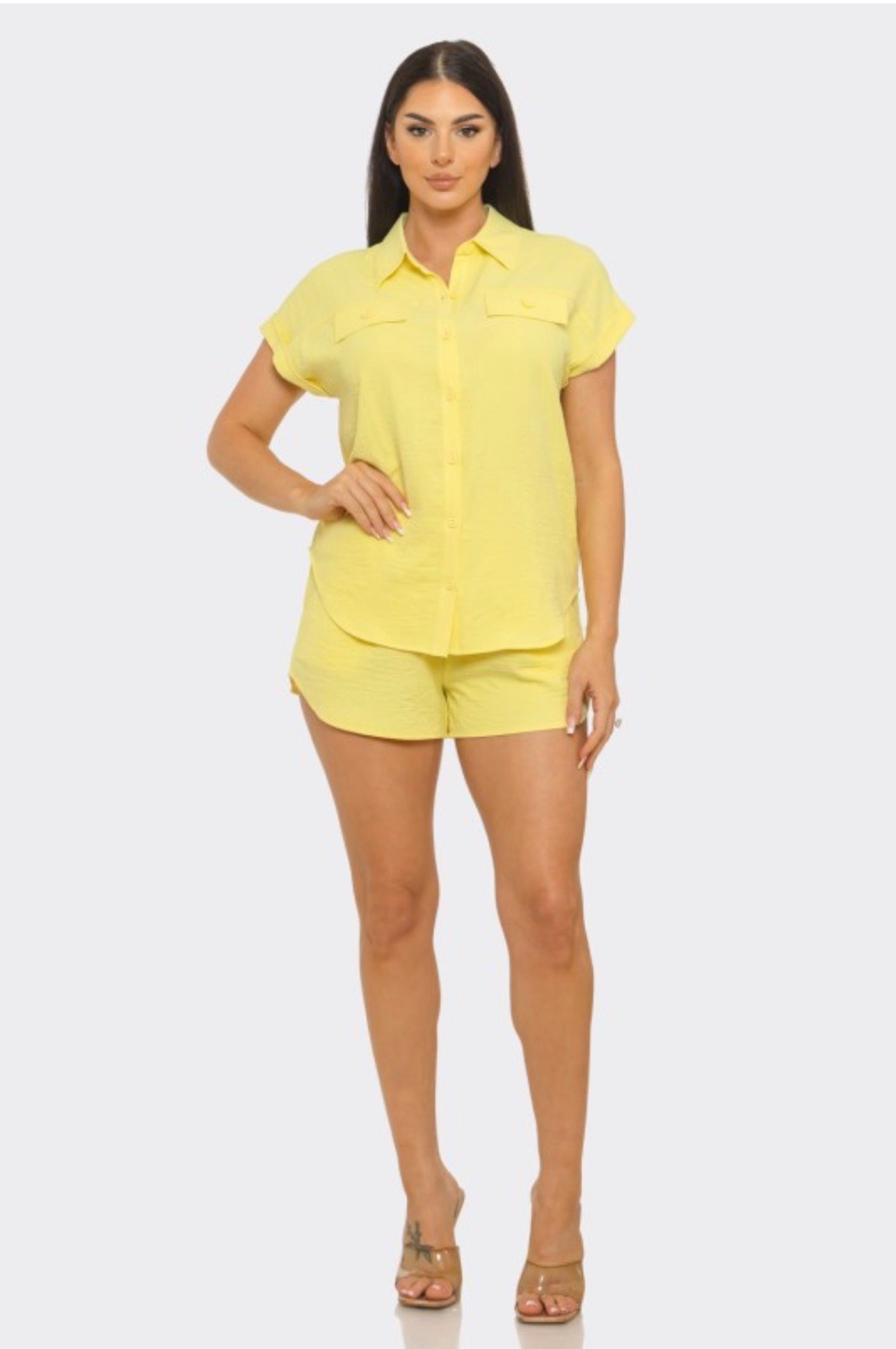 Front Button Down Flap Pockets Top & Shorts Set