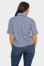 Stripe Front Button Down Pockets Sleeve Tab Shirt Top