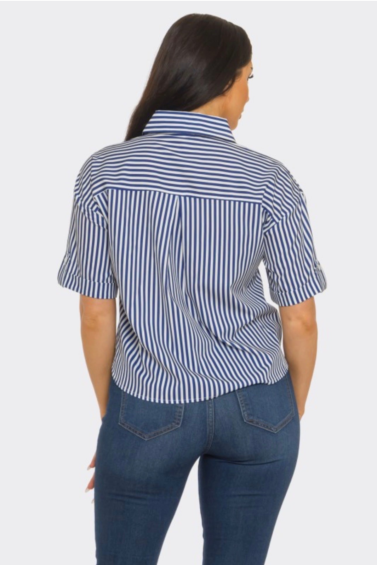 Stripe Front Button Down Pockets Sleeve Tab Shirt Top