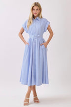 Striped Belted Button Front Collared Midi Dress