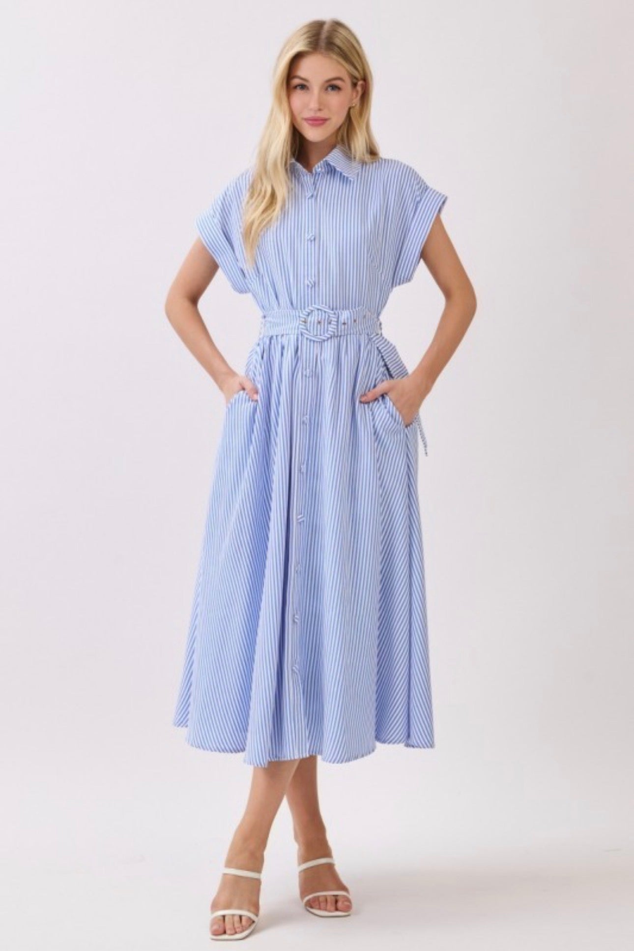 Striped Belted Button Front Collared Midi Dress