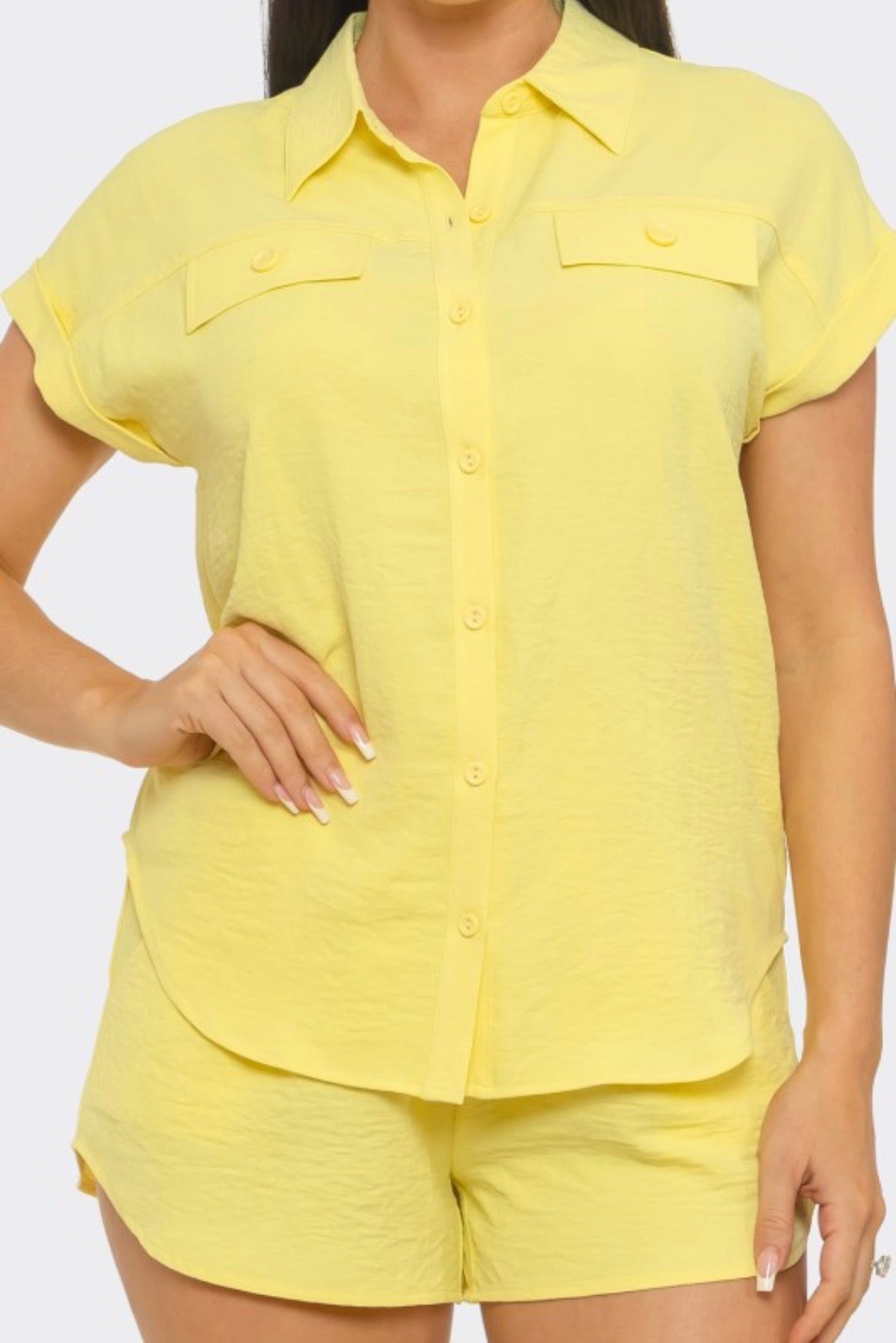 Front Button Down Flap Pockets Top & Shorts Set