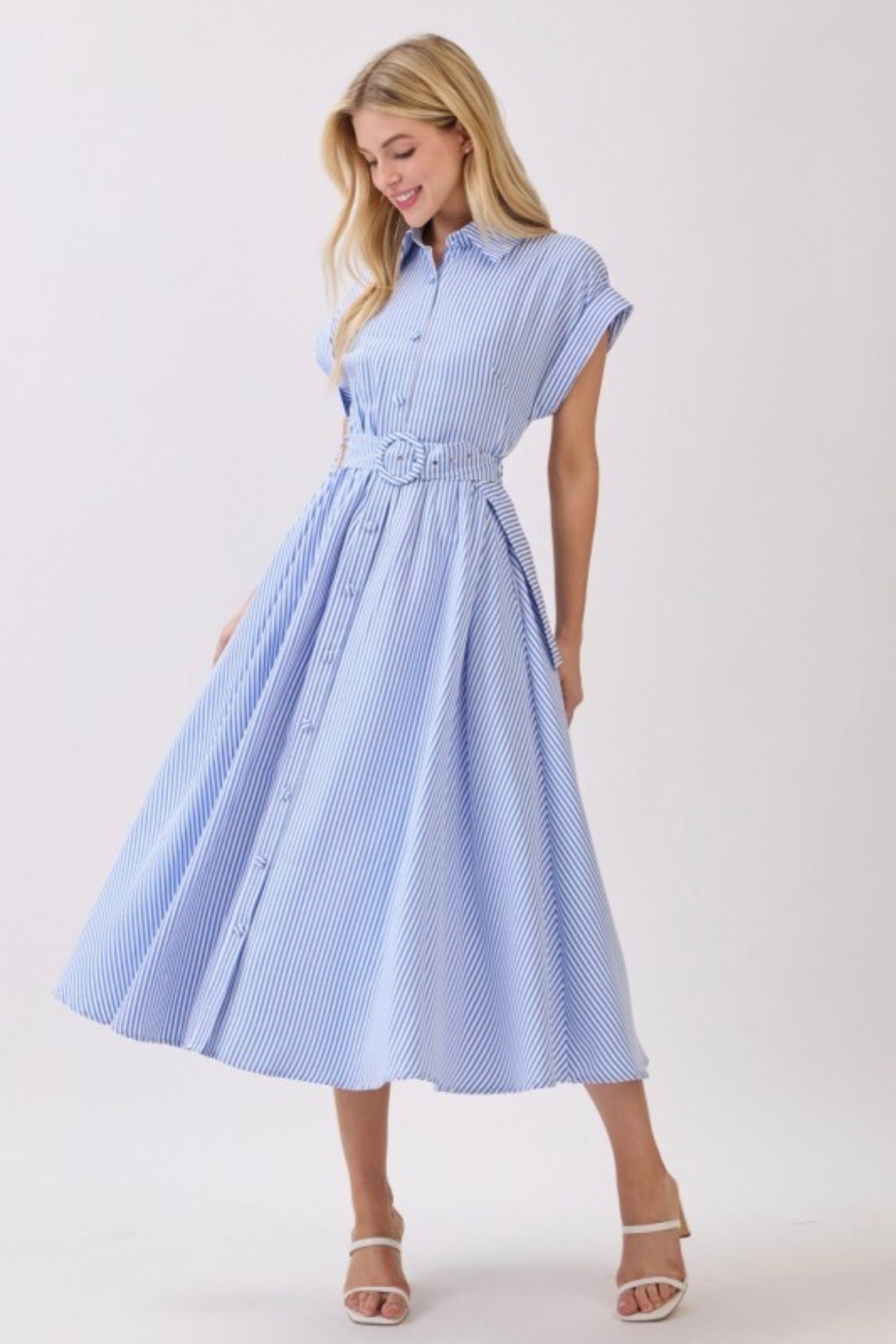 Striped Belted Button Front Collared Midi Dress
