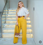 LINEN STRETCH PANTS WITH POCKET AND PU
BELT