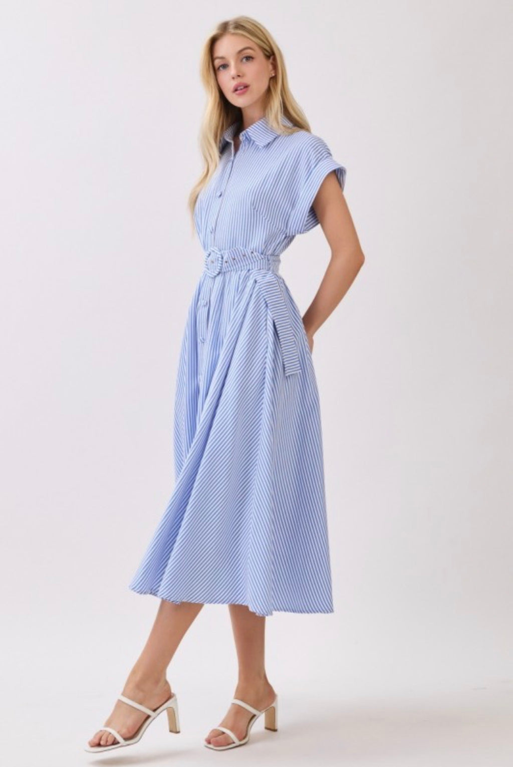 Striped Belted Button Front Collared Midi Dress