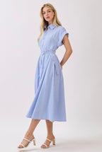 Striped Belted Button Front Collared Midi Dress