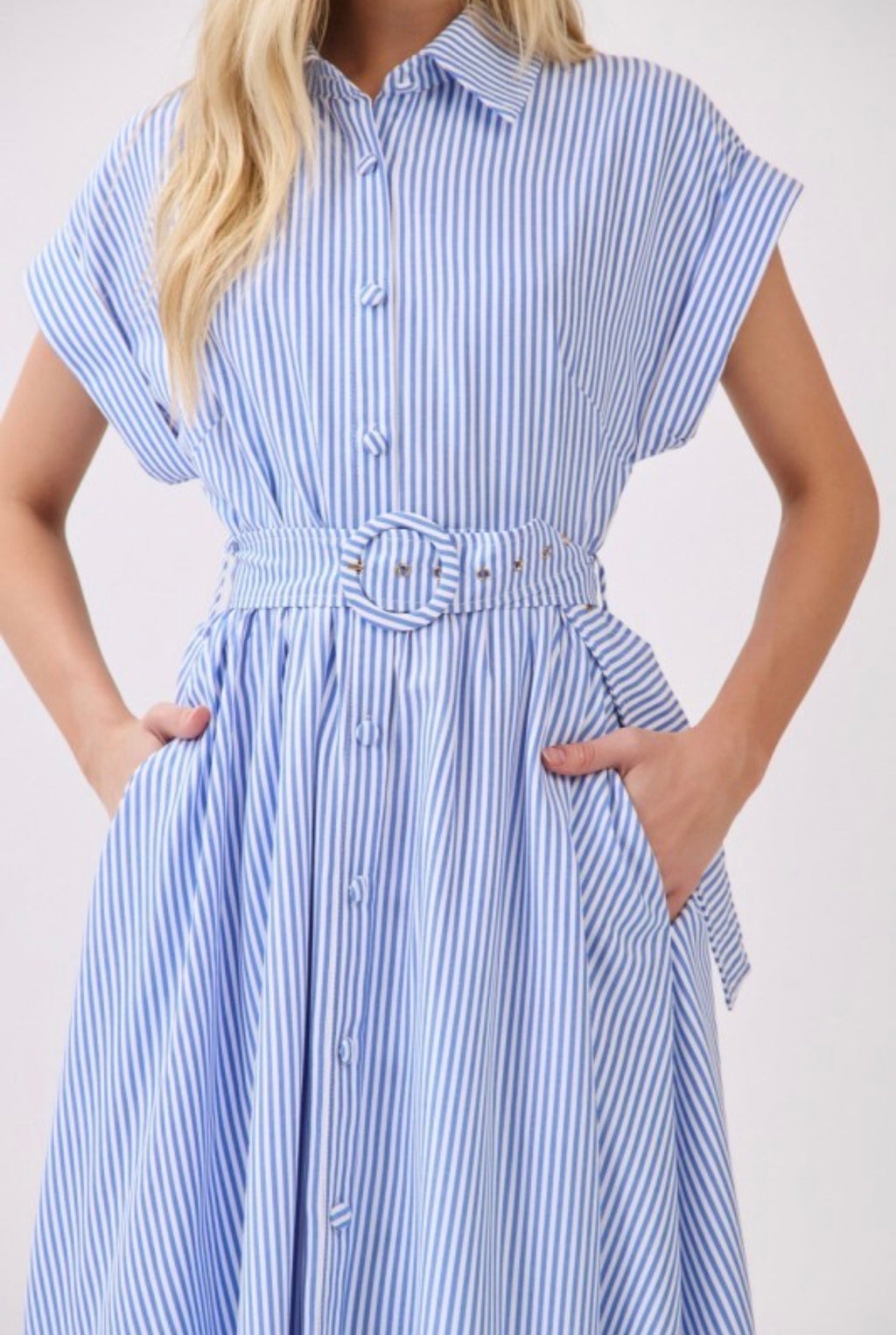Striped Belted Button Front Collared Midi Dress