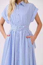 Striped Belted Button Front Collared Midi Dress