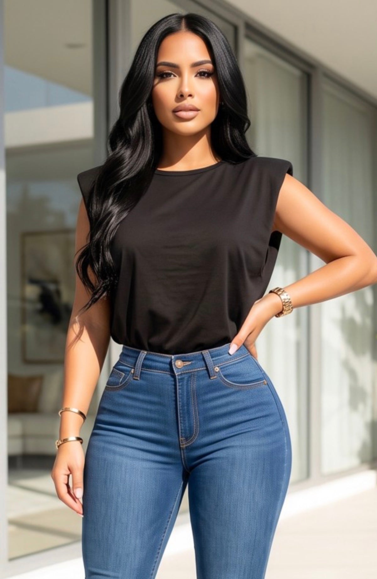 Pad Shoulder Sleeveless Top