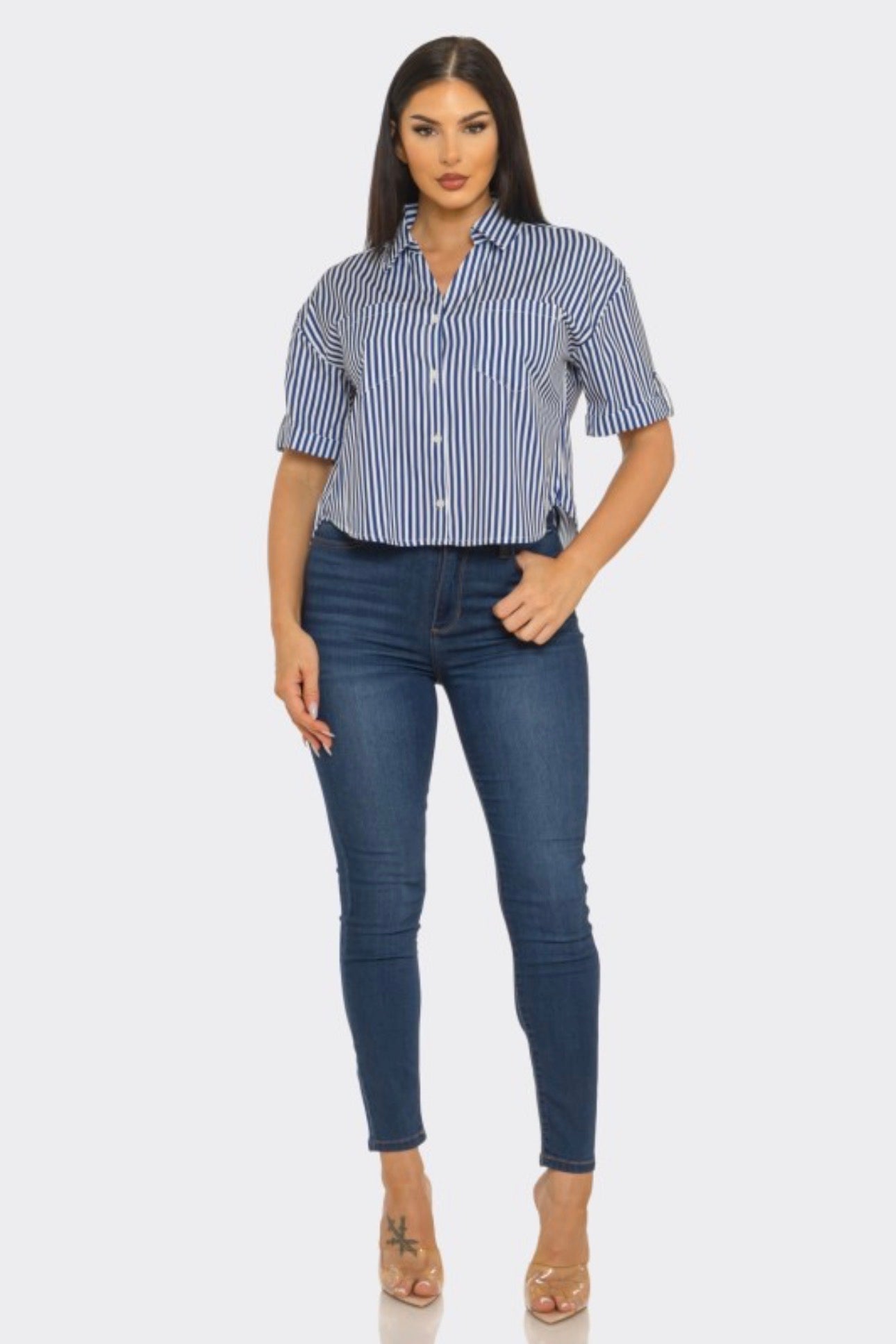 Stripe Front Button Down Pockets Sleeve Tab Shirt Top