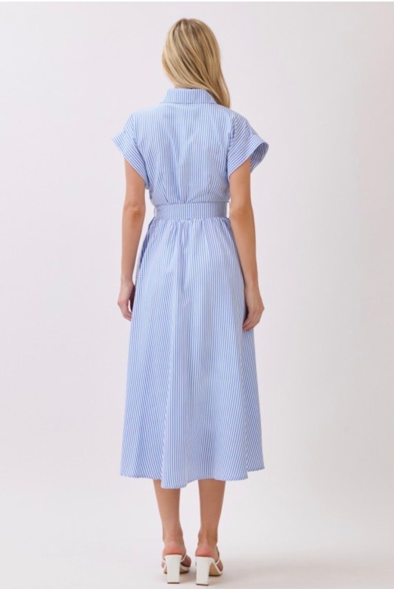 Striped Belted Button Front Collared Midi Dress