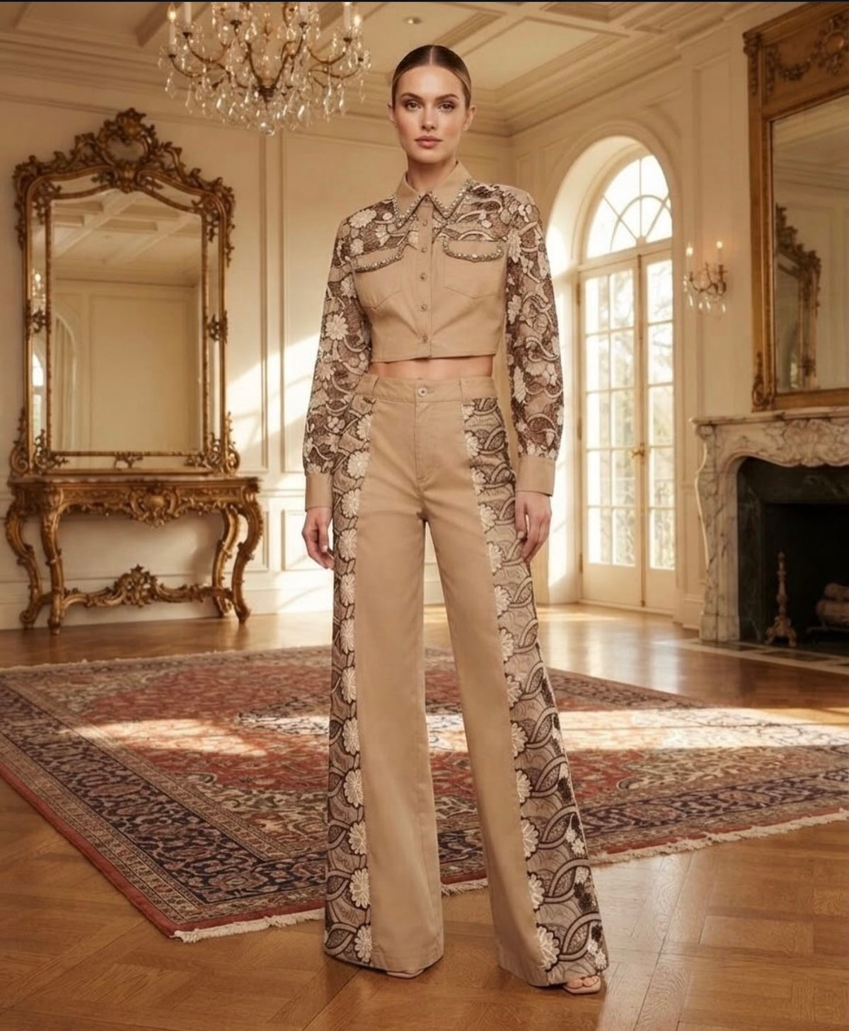Long Sleeve Lace Set With Rhinestone