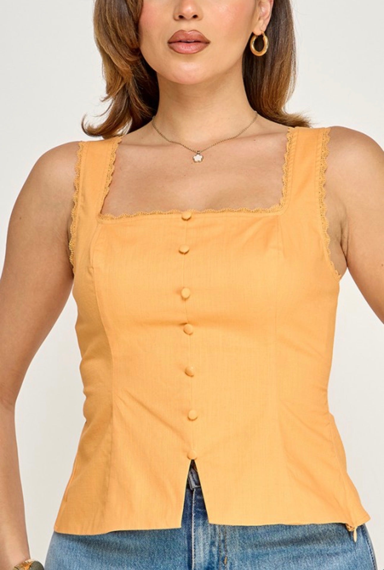 Sleeveless Lace Insert Neck Detail Top