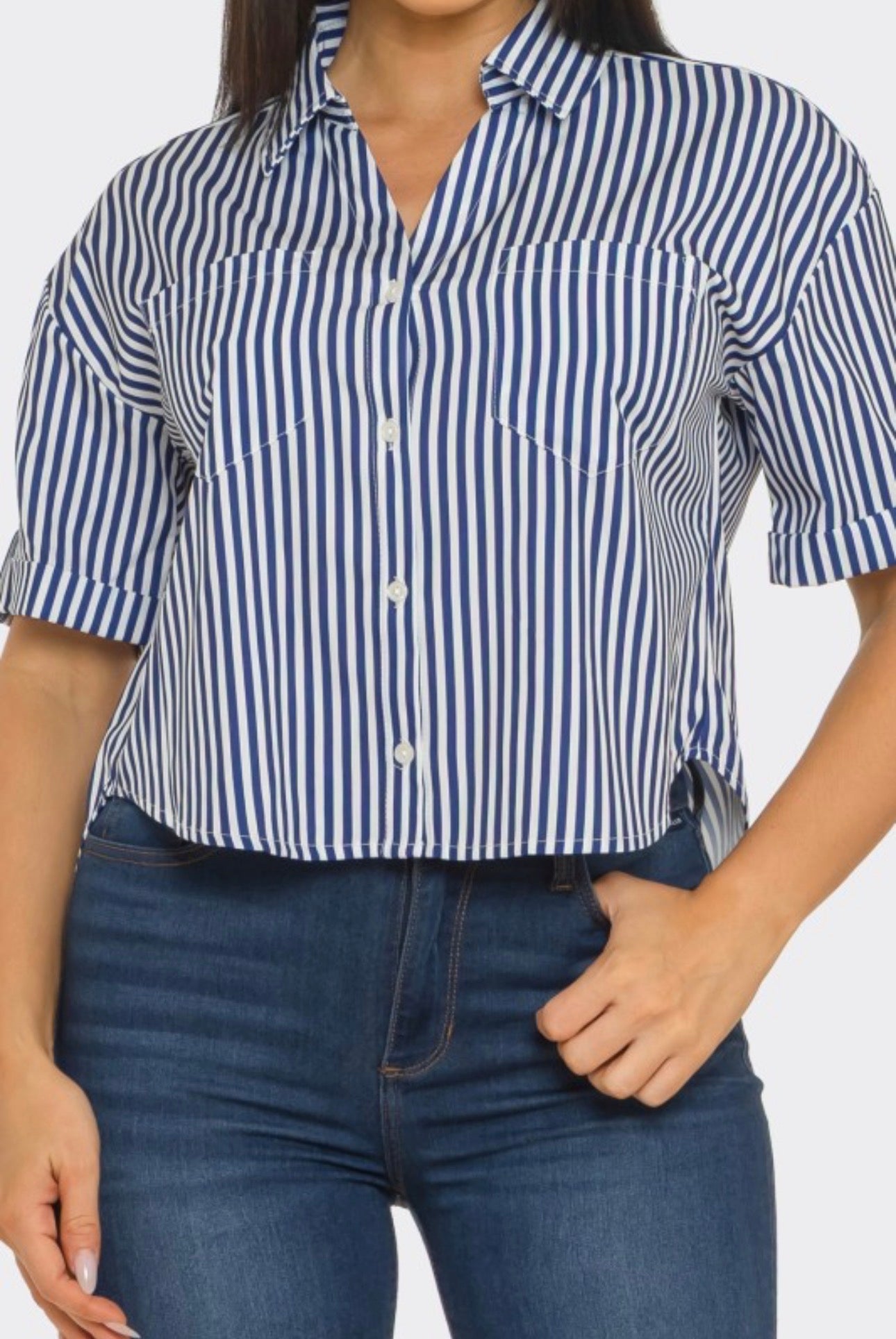 Stripe Front Button Down Pockets Sleeve Tab Shirt Top