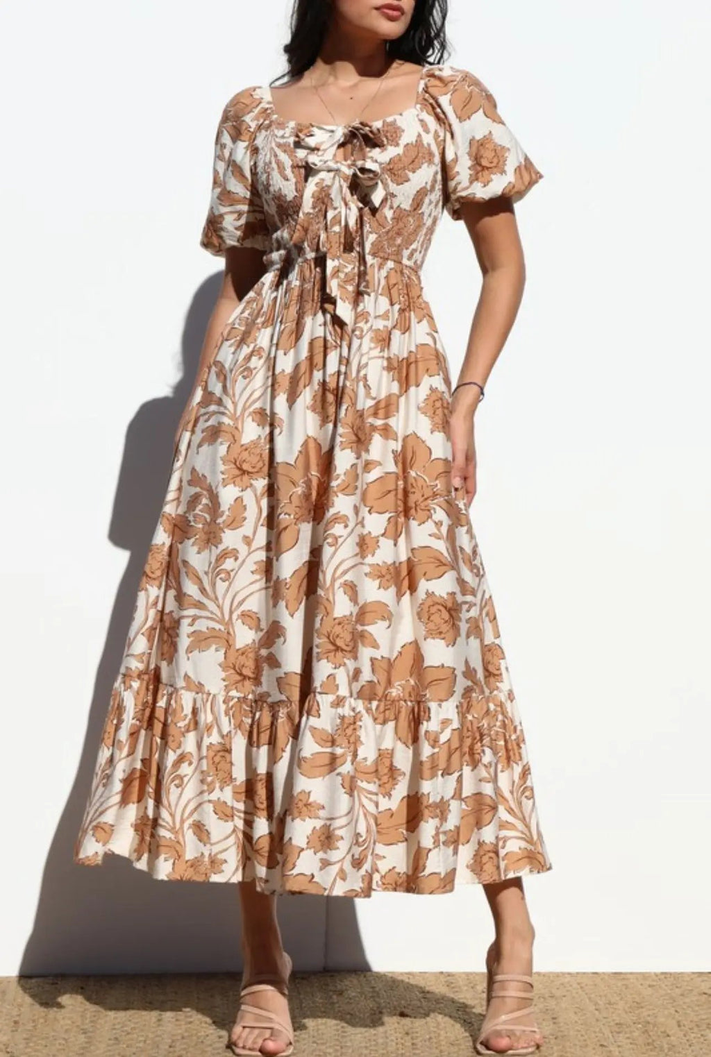 Vestido Midi en Tela de Lino Flores- Color Mocha Daya's Shop