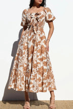 Vestido Midi en Tela de Lino Flores- Color Mocha Daya's Shop