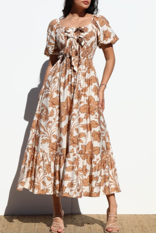 Midi Dress in Linen Fabric Flowers - Mocha Color