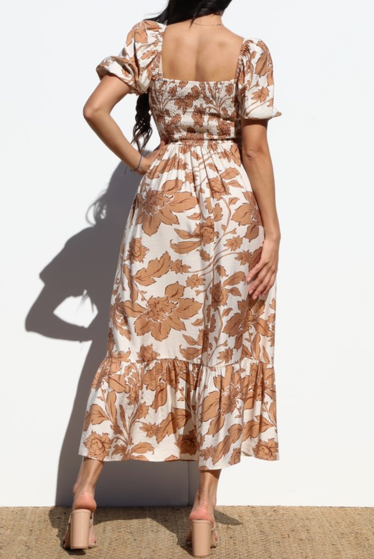 Midi Dress in Linen Fabric Flowers - Mocha Color