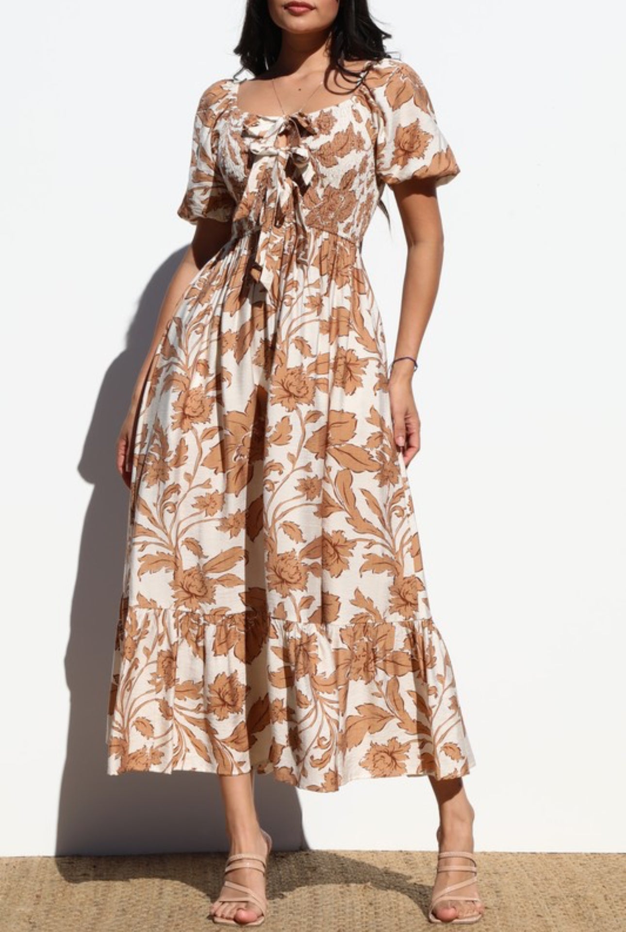 Midi Dress in Linen Fabric Flowers - Mocha Color