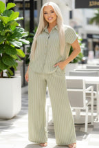Stripe Pattern Short Sleeve Shirt and Wide Leg Pant 2PC Set