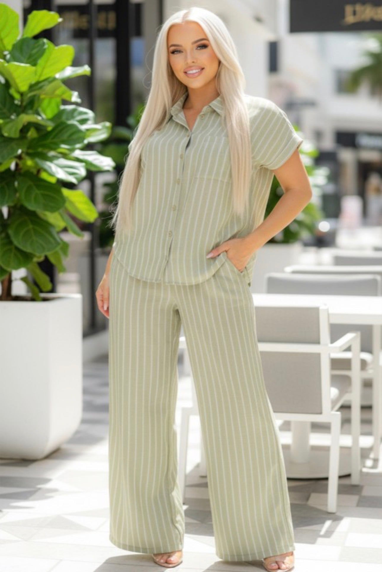 Stripe Pattern Short Sleeve Shirt and Wide Leg Pant 2PC Set