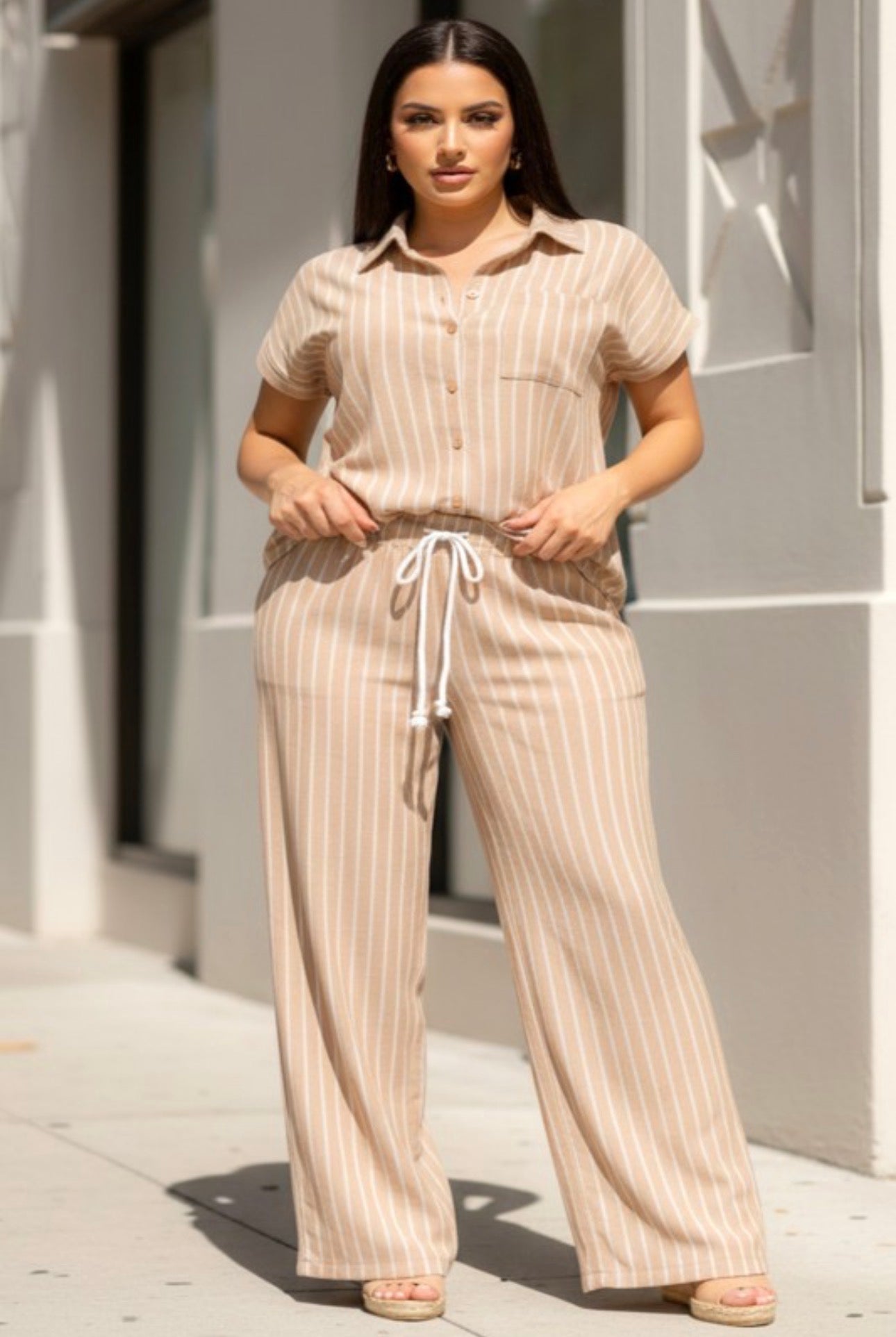Stripe Pattern Short Sleeve Shirt and Wide Leg Pant 2PC Set